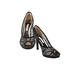 Pollini Heels Sz 36.5 Black Mesh Embroid Open Toe Leather Suede AS IS 3.5" Heels